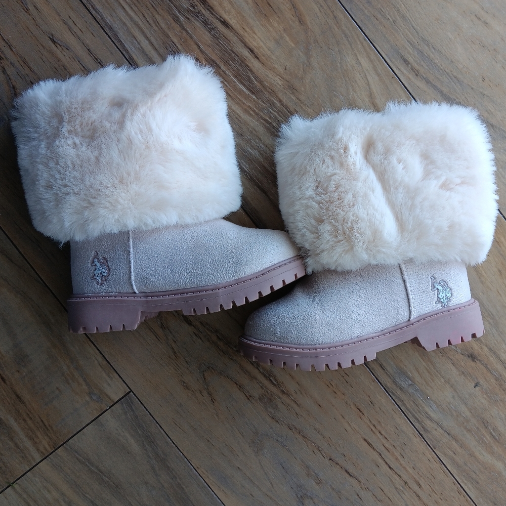 US Polo Assn girls' boots Gray Ankle Boots with Fluffy White Trim for Winter